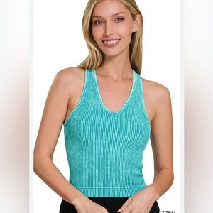 Zenana turquoise / teal ribbed blue gym yoga workout tank top with built in bra